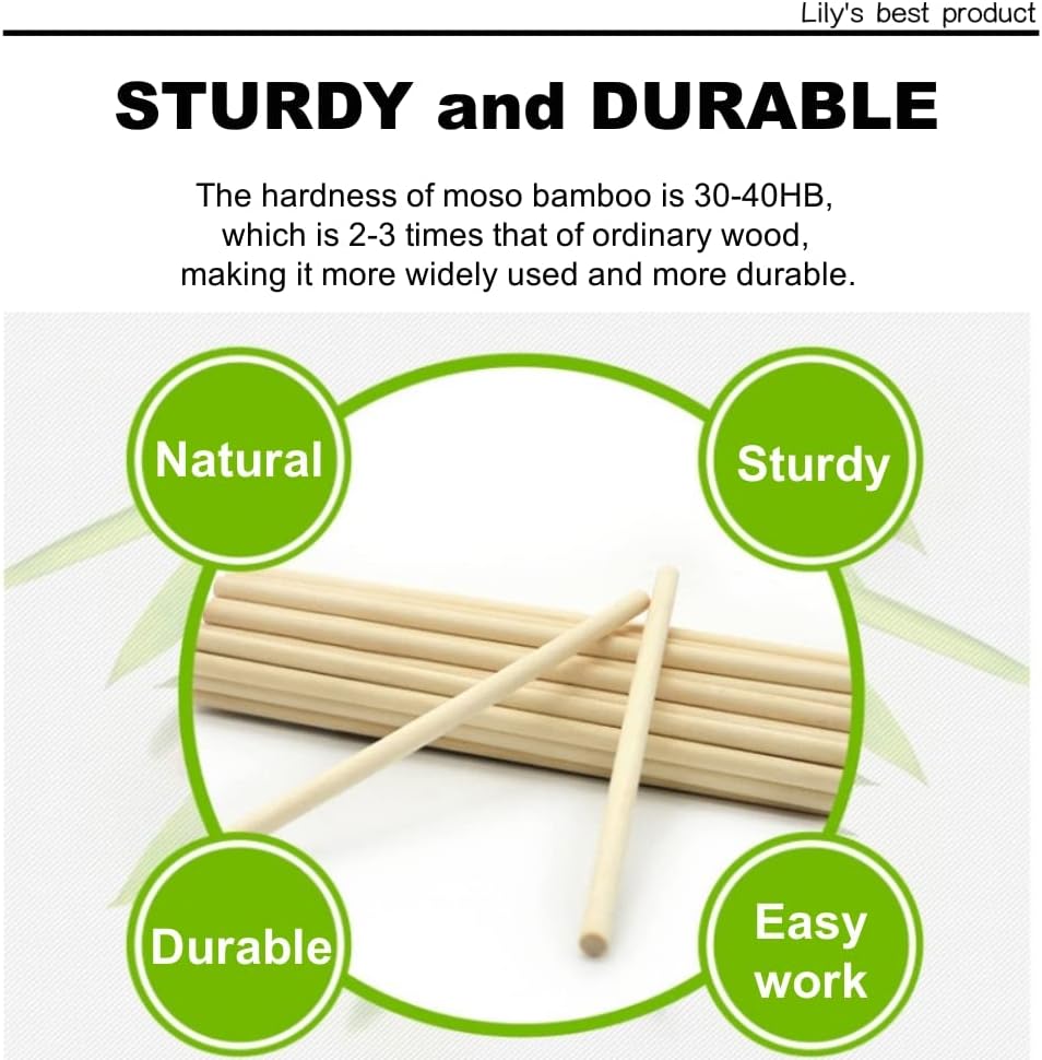 HOPELF 50PCS Bamboo Sticks - 1/2 x 12 Inch, Wooden Dowel Rod Assortment for Crafts, DIYers