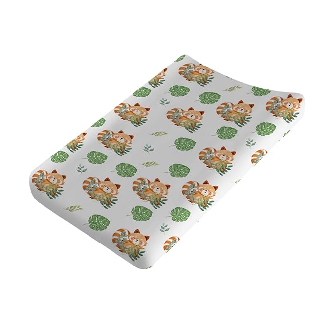 Cartoon Panda Tropical Leaves Changing Pad Cover Cute Panda Boho Leaf Diaper Changing Table Cover Sheets for Boy Girl Animal Wildlife Soft Stretchy Snug Fitted Baby Changing Table Mats 32''x16''