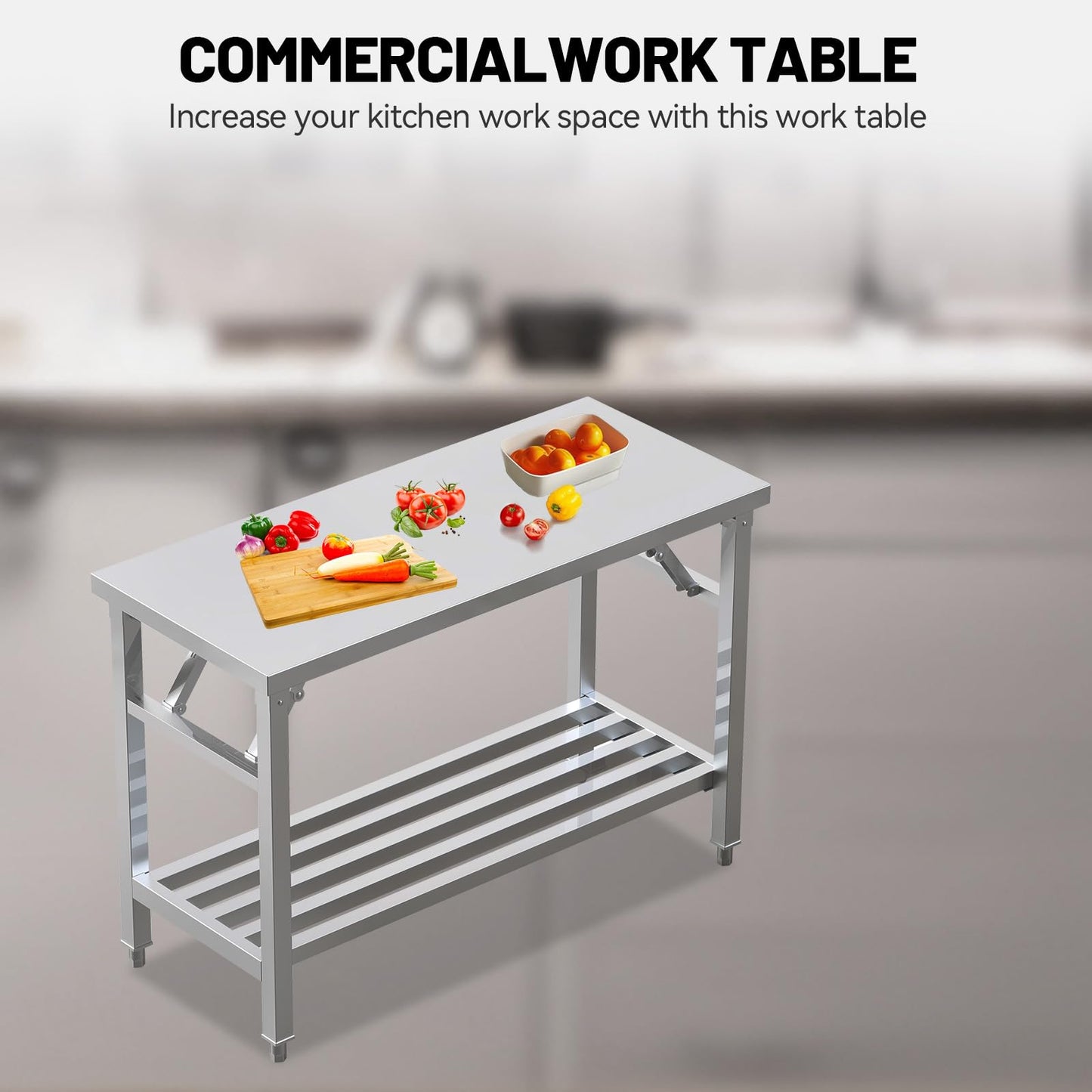 PurezmMoto Folding Stainless Steel Table with Adjustable Table Corners and Lower Removable Shelf 20X45 Inches for Outdoor Camping, Maintenance Room, Storage, Kitchen (with undershelf)