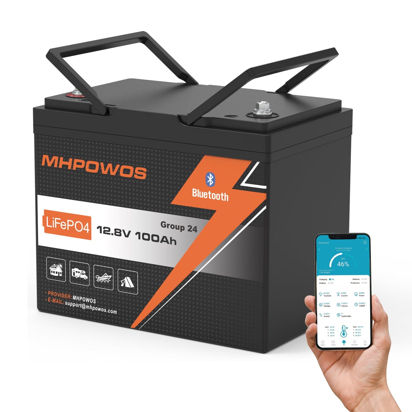 12V 100Ah Lifepo4 Trolling Motors Battery, Group 24 Bluetooth Lithium Battery, 15000 Deep Cycle, 100A Bms Low Temperature Protec