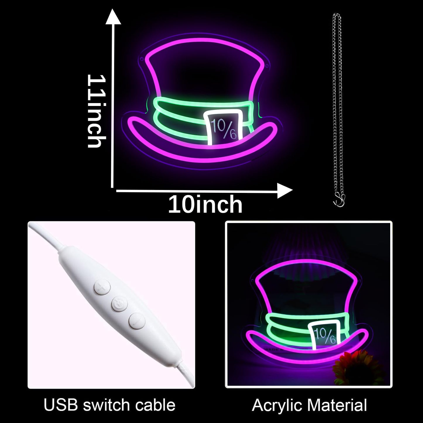Mad Hatter Hat Neon Signs For Wall Decor Dimmable Alice In Wonderland Led Lights For Bedroom Man Cave Party Bar Background Decoration Birthday And Halloween Gifts  11.42 * 9.8 Inches