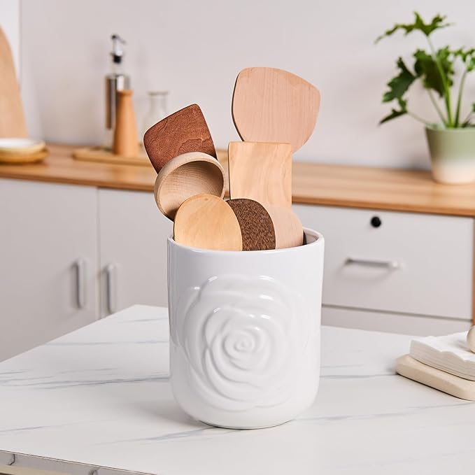Large Utensil Holder Set of 2, 7.5"+ 5.5" - Ceramic Kitchen Countertop Utensil Crock for Spatulas, Spoons & Cooking Tools, Farmhouse Kitchen Counter Decor, White Rose