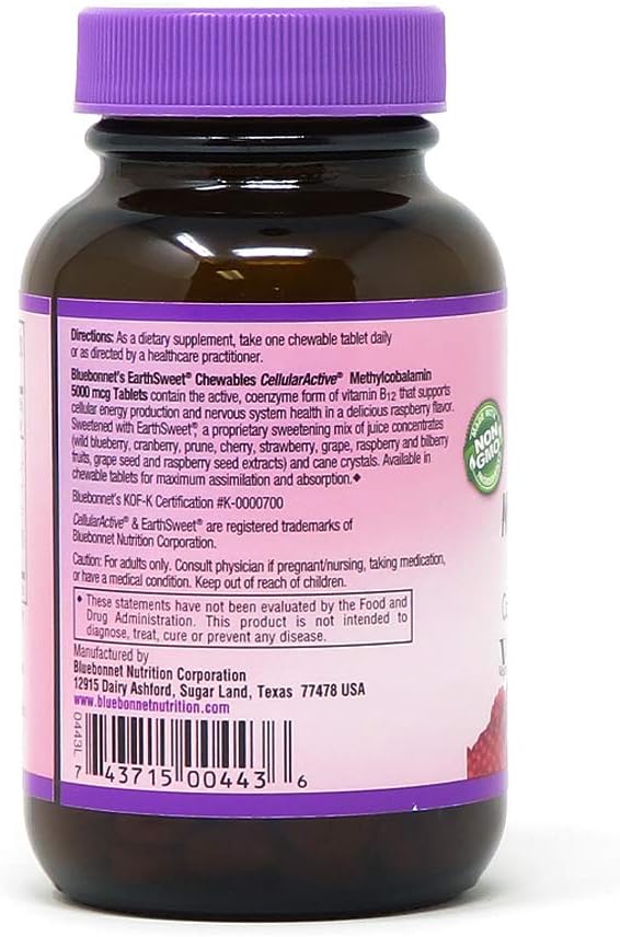 Bluebonnet Nutrition EarthSweet Methylcobalamin 5,000 mcg Active Coenzyme Form of Vitamin B12 Supports Energy Boost & Metabolism - Vegan, Gluten-Free - Raspberry Flavor - 60 Chewable Tablets