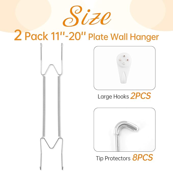 2 Pack Plate Hangers for The Wall, Suitable for 16-20 inch Art Plate, Stainless Steel Invisible Heavy Duty Wire Plate Holder with Wall Hooks, Plate Hangers for Displaying Plates, Platter, Dish, Silver