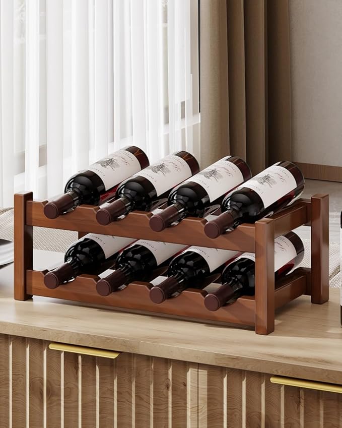 Countertop Wine Rack for Inside Cabinet, Solid Wood 2-Tier Wine Racks for 8 Bottles, Pinewood Liquor Storage Shelf, Wooden Water Bottle Organizer for Pantry, Kitchen, Bar, Dining Room (Walnut)