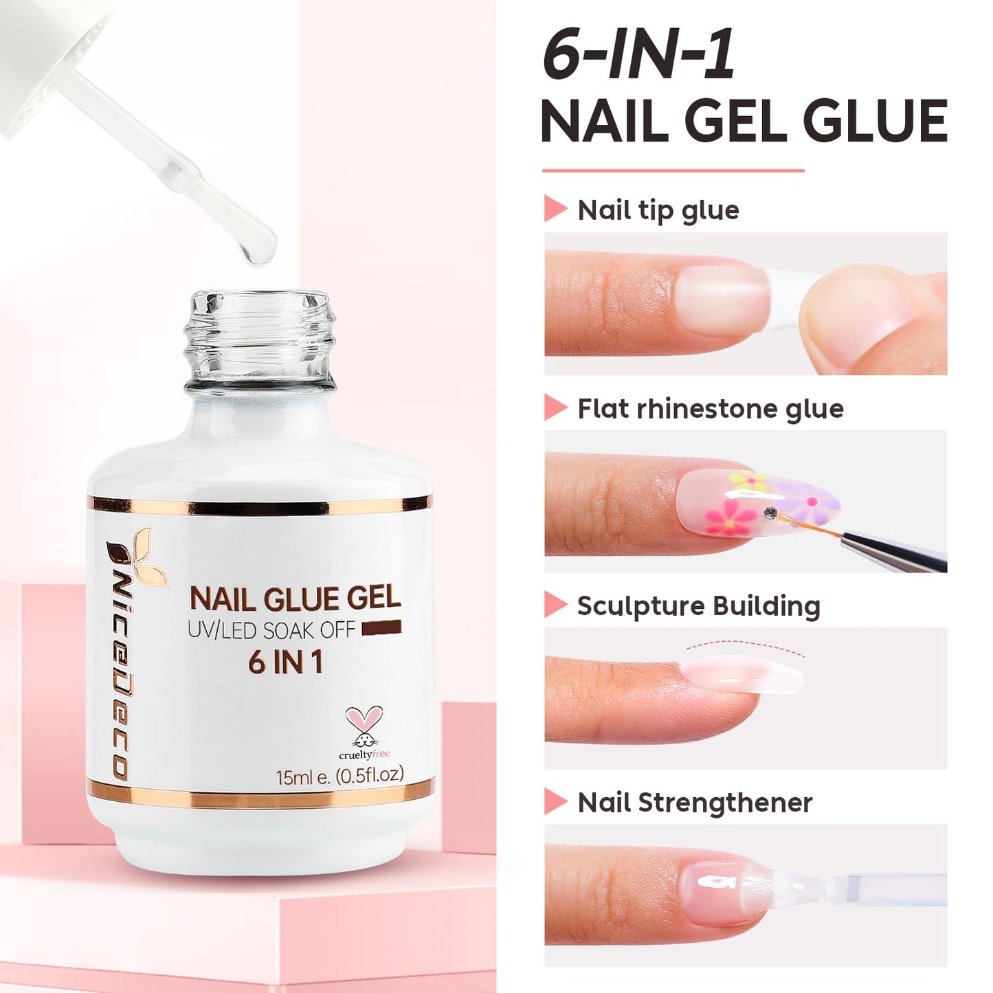 Nicedeco Gel Nail Polish 6 in 1 Nail Glue Gel and No Wipe Top Coat Set, Hema Free, Cruelty Free, Vegan, 2PCS 15ML for Adhesive N