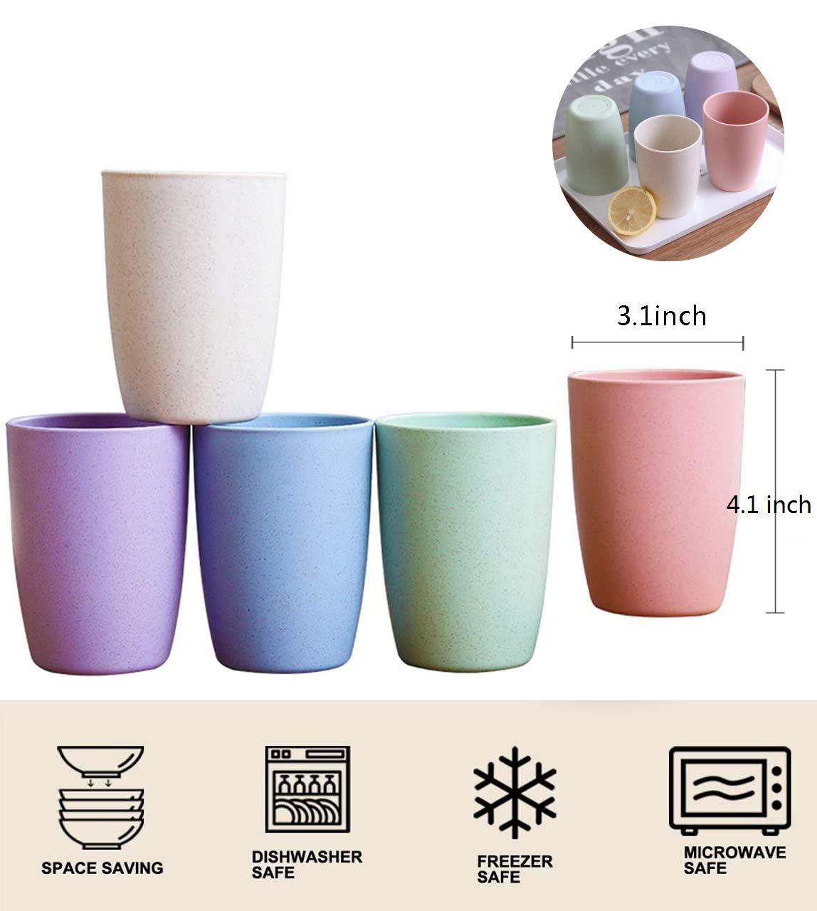 Choary Eco-friendly Unbreakable Reusable Drinking Cup for Adult(12 OZ), Wheat Straw Glasses Healthy Tumbler Set 5-Multicolor, Dishwasher Safe