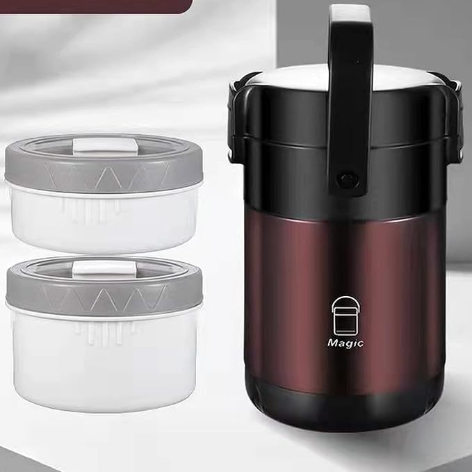 Stackable Stainless Steel 3-Tier Lunch/Snack Box, Vacuum Stainless Steel Leak-Proof Insulated Bottle, Suitable for Carrying Food to Office, Outdoor Picnic(64oz, Noble Brown)