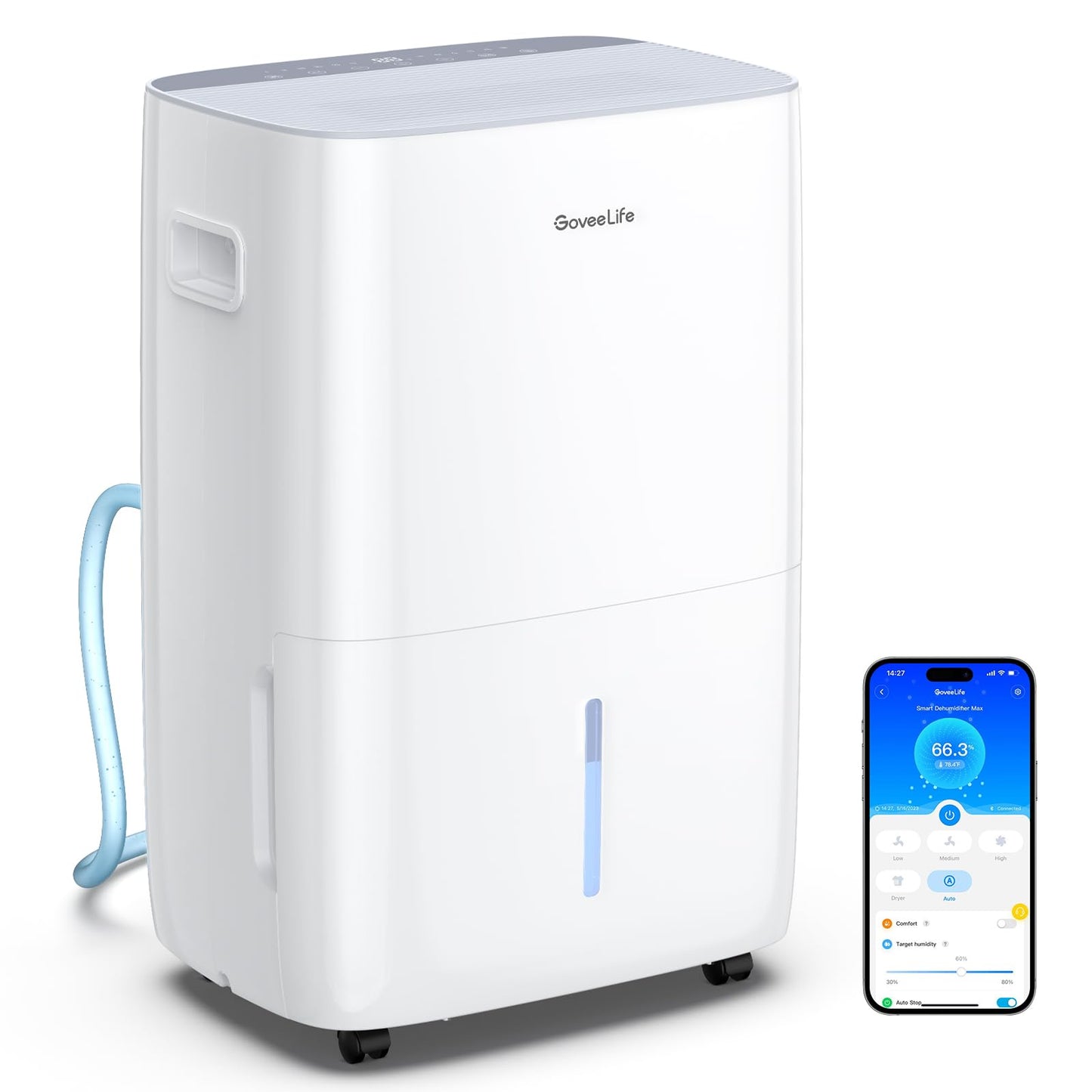 GoveeLife Smart Dehumidifier 4,500 Sq. Ft. with Pump & Wifi, 50-137 Pint, White, Model H7152