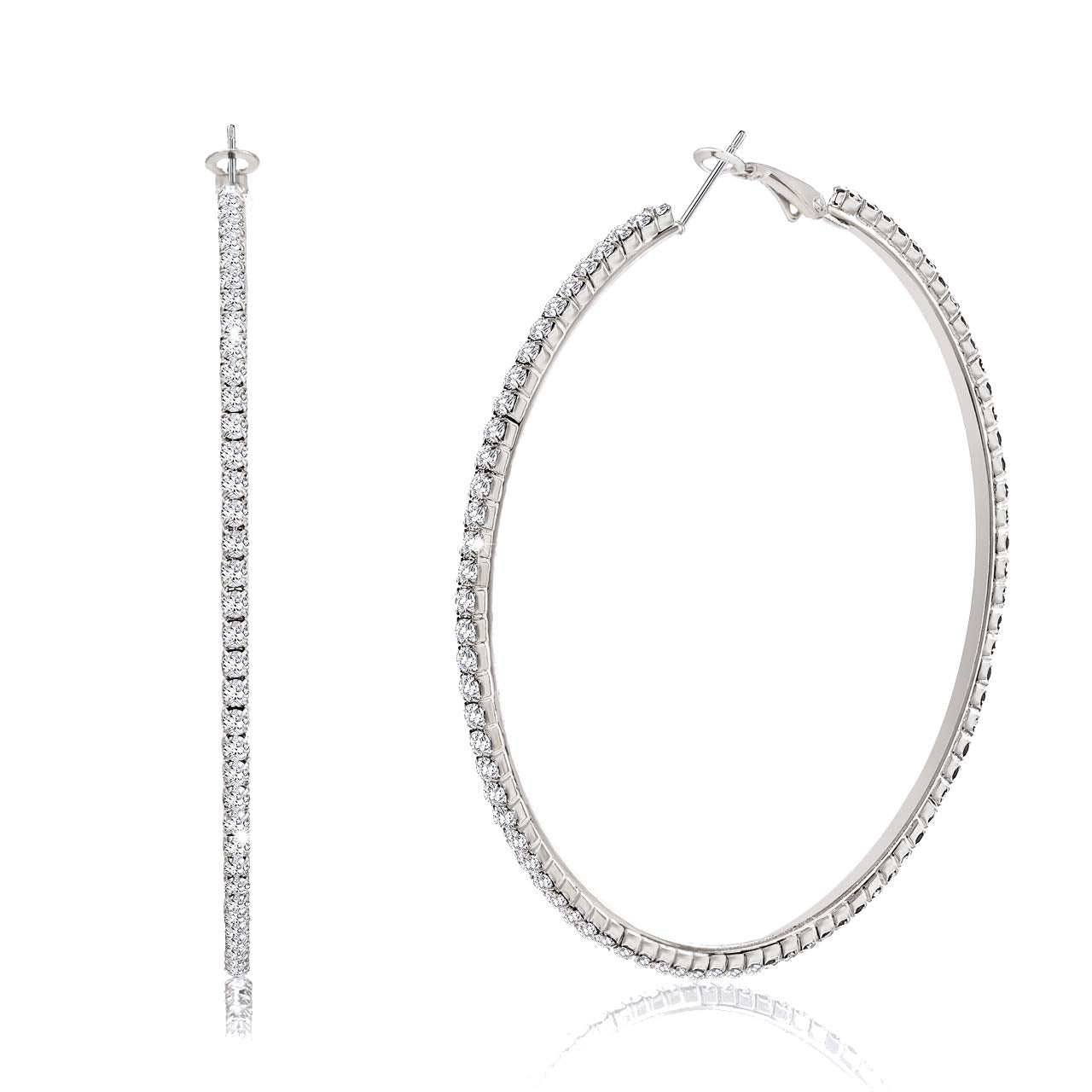BSJELL Hoop Earrings for Women Silver Large Cubic Zirconia Hoop Earrings Big Circle Stud Earrings Crystal Bridal Wedding Fashion