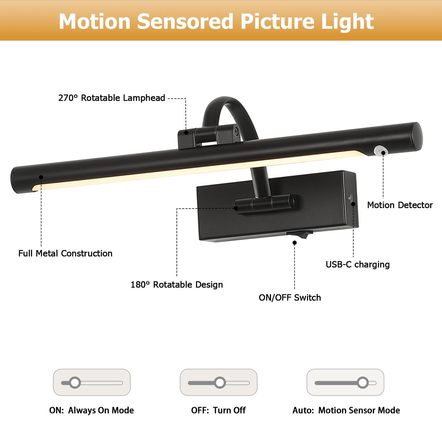 Desoop Wireless Picture Lights Battery Operated  Motion Sensor Black Art Lights Motion Activated Gallery Lighting Auto-Off discomfort-reducingting Lights For Portraits 16 Inch 3W Warm White