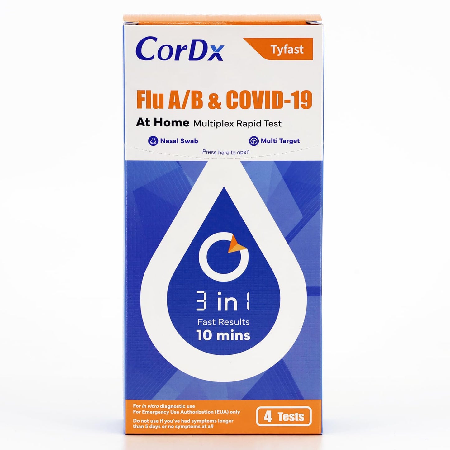 CorDx Tyfast at Home Flu A/B and COVID 19 Rapid Test Kit, Easy, Accurate, Fast Results in 10 Minutes, 4 Tests.