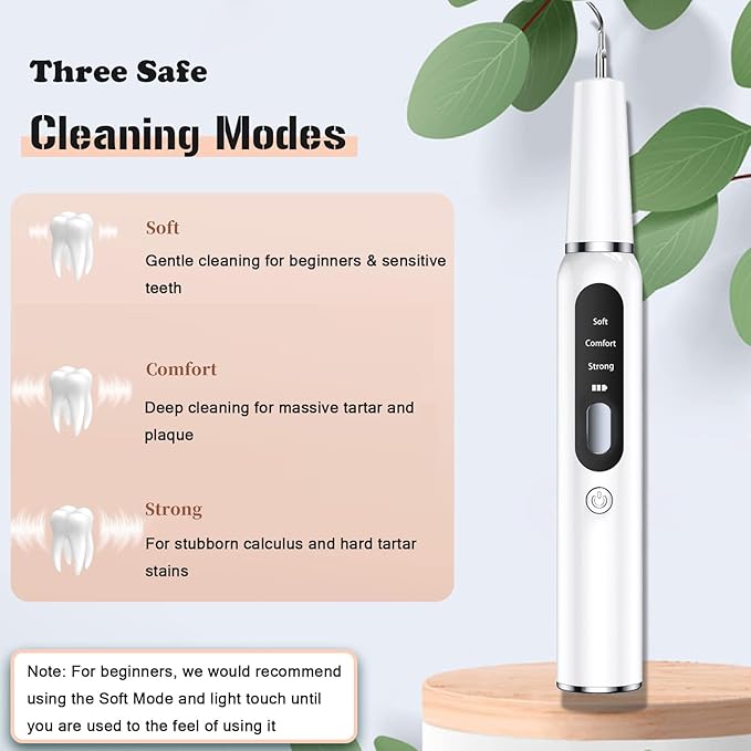 Plaque Remover for Teeth, Tartar Remover for Teeth, Rechargeable Electric Tartar Scraper with 3 Modes and Smart Protection, IPX7 Waterproof Dental Cleaning Kit with Tongue Cleaner (White)