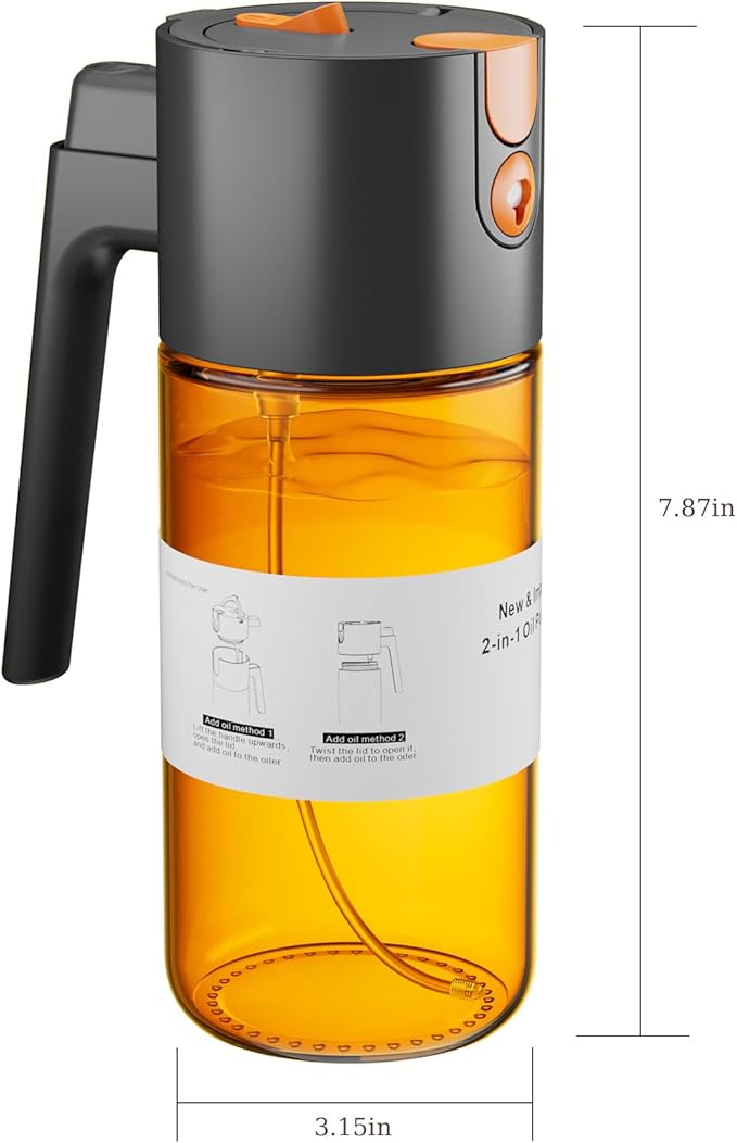 Upgrade 2 in 1 Oil Sprayer for Cooking, Olive Oil Dispenser Bottle for Kitchen Gadgets with Stickers, 17oz/500ml Food Grade Light-Blocking Glass Spray Bottle for Salad, Air Fryer, BBQ