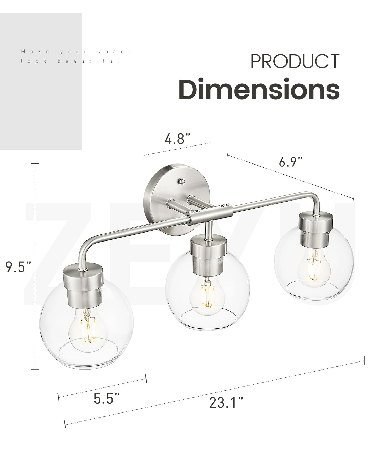 Zeyu 23 Inch Bathroom Wall Light Fixtures  3-Light Vanity Lighting Fixture  Brushed Nickel Finish With Clear Glass Globe Shade  Zs62Bg-3W Bn