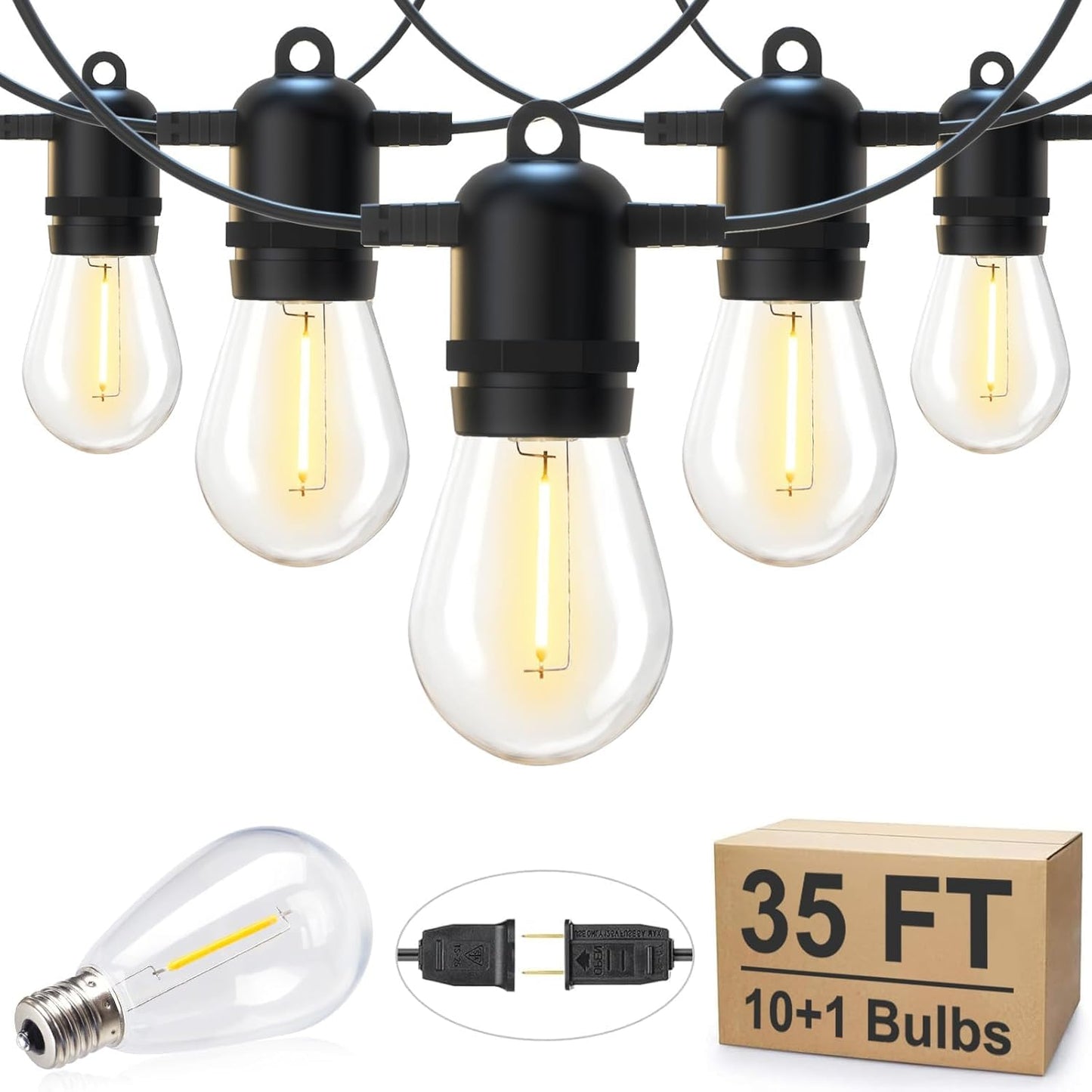 Brightown Outdoor String Lights 35FT, 10+1 Shatterproof Edison Bulbs, Waterproof, Jet Black, Model GY-I-100.6-U-S2