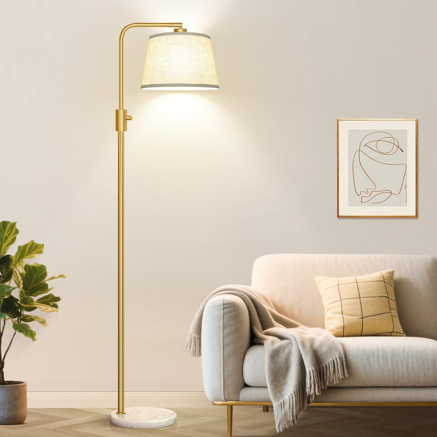 Nintiue Dimmable Arc Floor Lamp with 1000 LM LED Edison Bulb, Gold-Linen Shade, Marble Base, Model FL16886