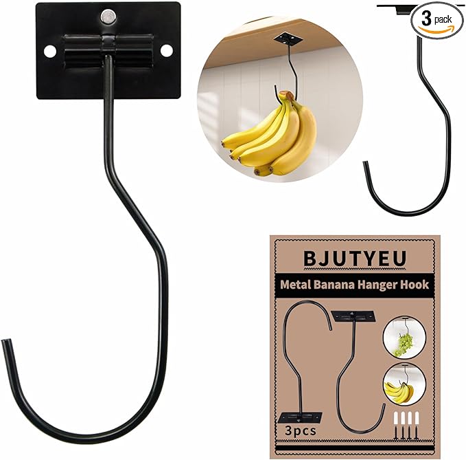Self-Adhesive Banana Hook, Grape Hook, Kitchen Banana Hanger, Keep Bananas Fresh Under The Cabinet, with Magnetic Absorption Storage Perfect Design 3 Pieces Black