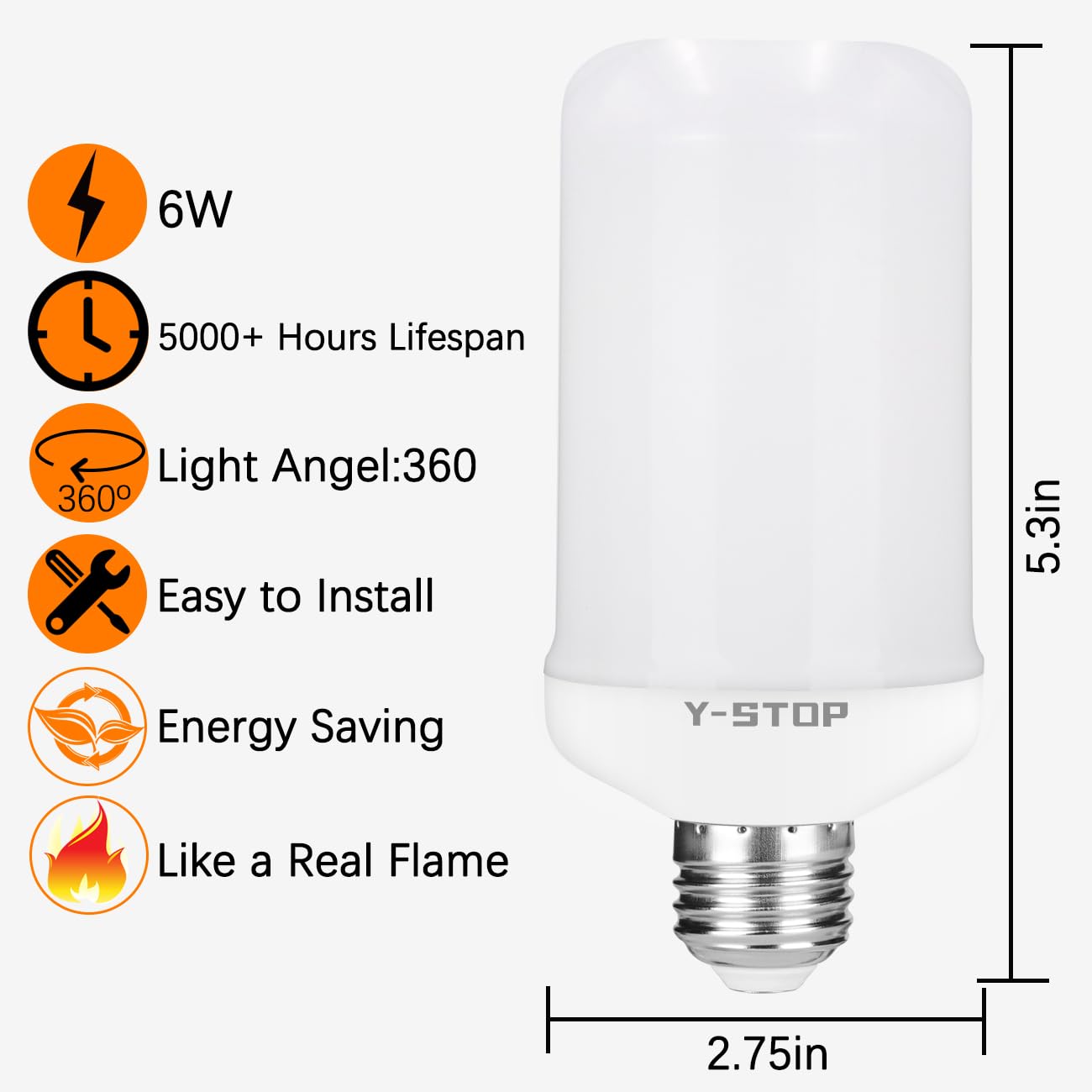 Y- STOP LED Flame Light Bulbs, 4 Modes Fire Effect, E26 Base, White, 2 Pack