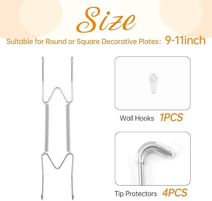 Bilillo Plate Hangers for The Wall, Suitable for 9-11 inch Decorative Plate, Stainless Steel Invisible Heavy Duty Wire Plate Holder with Wall Hooks, Plate Hangers for Displaying Plates, Silver