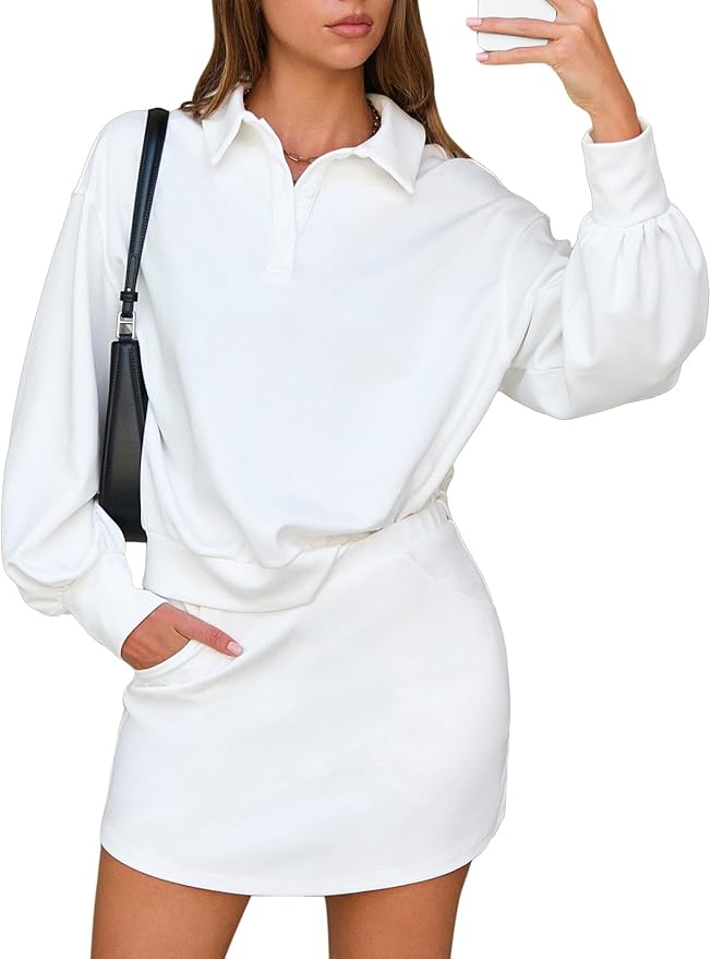 EXLURA Womens 2 Piece Sets Polo Sweatshirt Skort Set Airport Long Sleeve Matching Workout Sets Tennis Travel Spring Outfits