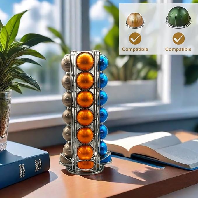 Vertuo Pod Holder Carousel Stand for 35 Nespresso Vertuo Capsule Storage Organizer with Extra Space for Coffee Mate Silent Rolling