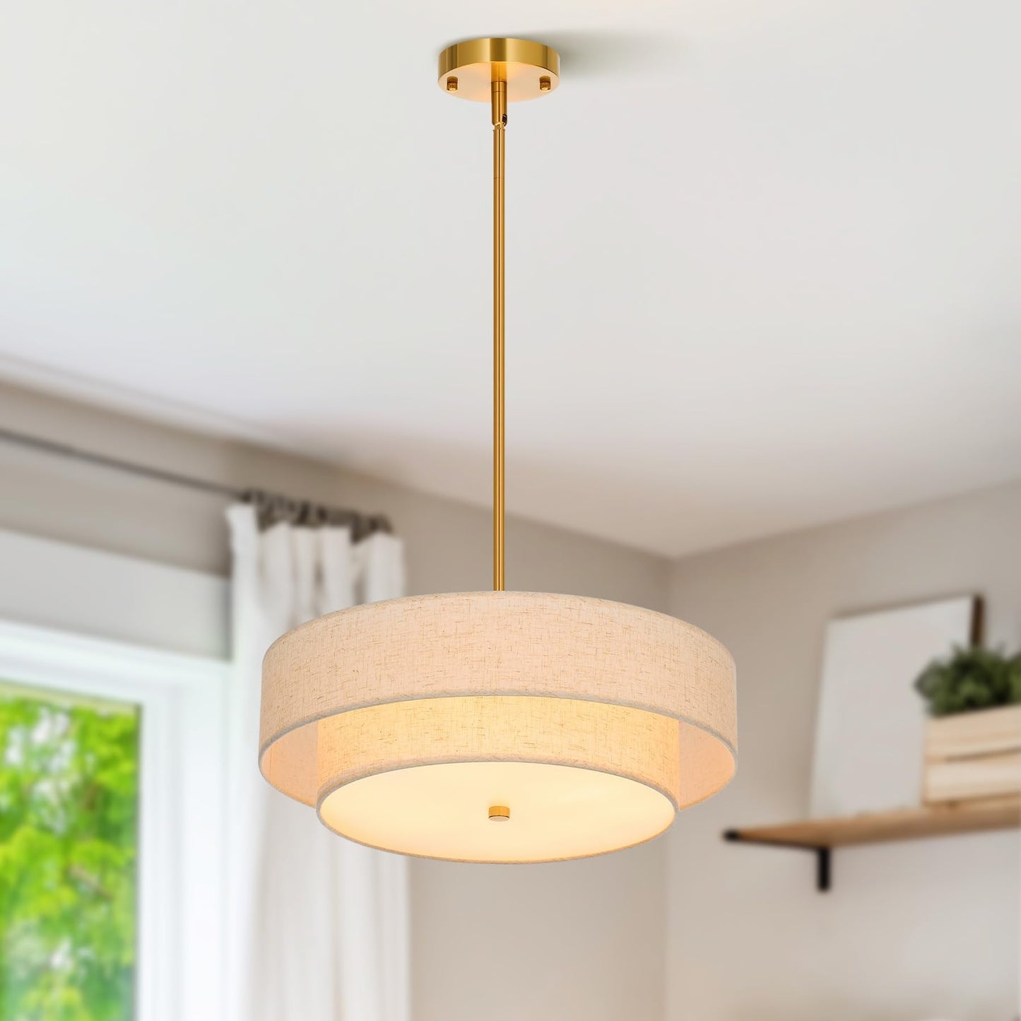 Vonluce 18 Modern Drum Chandelier, 4-Light Pendant Light Fixture, Gold Fabric Shade, Model Hcf1018Gd For Dining Room, Bedroom, Living Room
