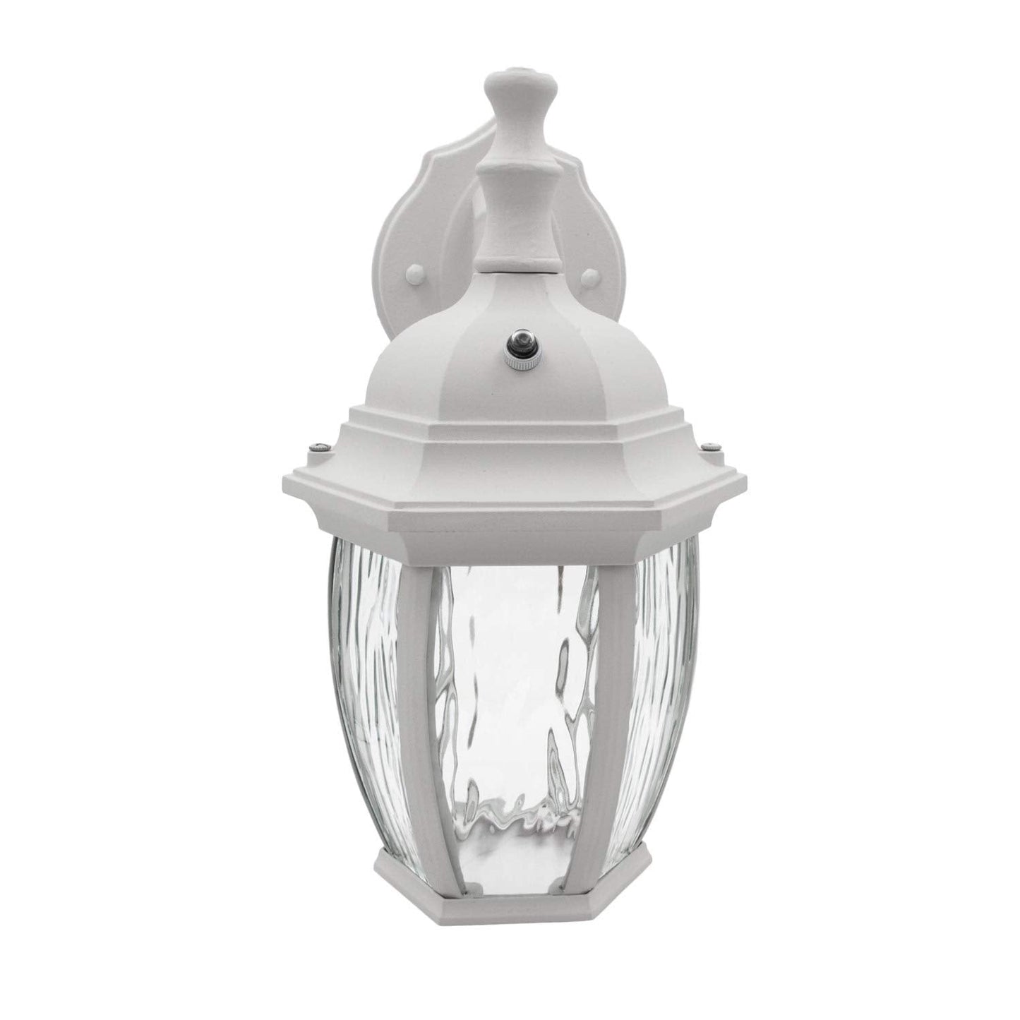 Maxxima Led Outdoor Wall Light, 3000K Warm White, Dusk To Dawn Sensor, White, Model Mel-6150Ww, Clear Water Glass, 580 Lumens