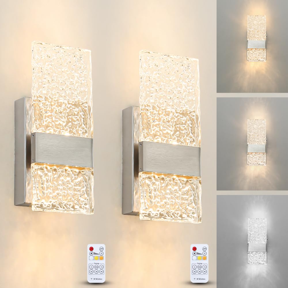 Modern Brushed Nickel Battery Operated Wall Sconces Set Of 2 - Rechargeable Led Wall Sconce Lighting With Acrylic Shade  Wireless Bedroom/Living Room Art Deco Light Fixtures