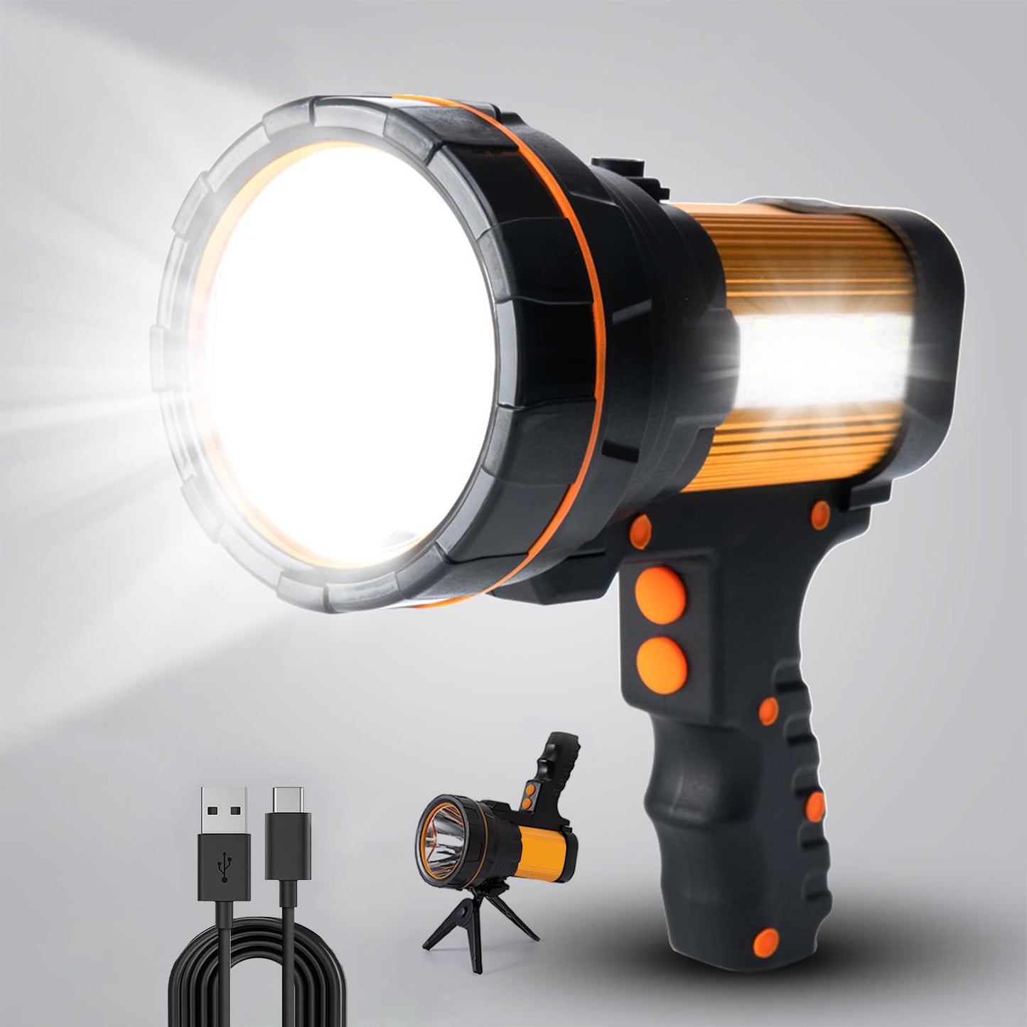 GEPROSMA F20 Super Bright Cordless Handheld Spotlight, Rechargeable LED Flashlight, Aluminum Alloy, Black Golden Color