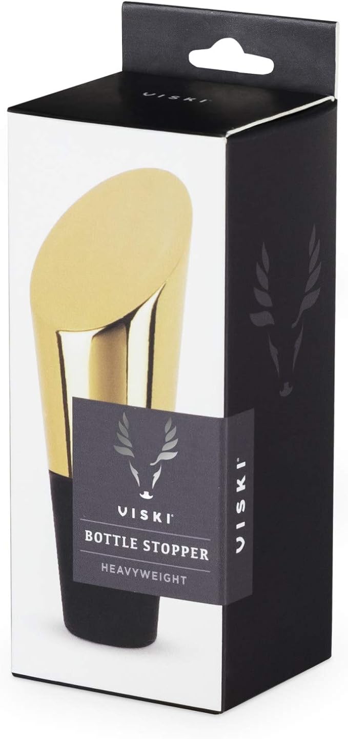Viski Heavyweight Stainless Steel Wine Bottle Stopper, Gold Finish with Soft Touch Silicone Base Wine Stopper, Red and White Wines Preserver, Perfect for Parties, Home Bar Accessories, Set of 1
