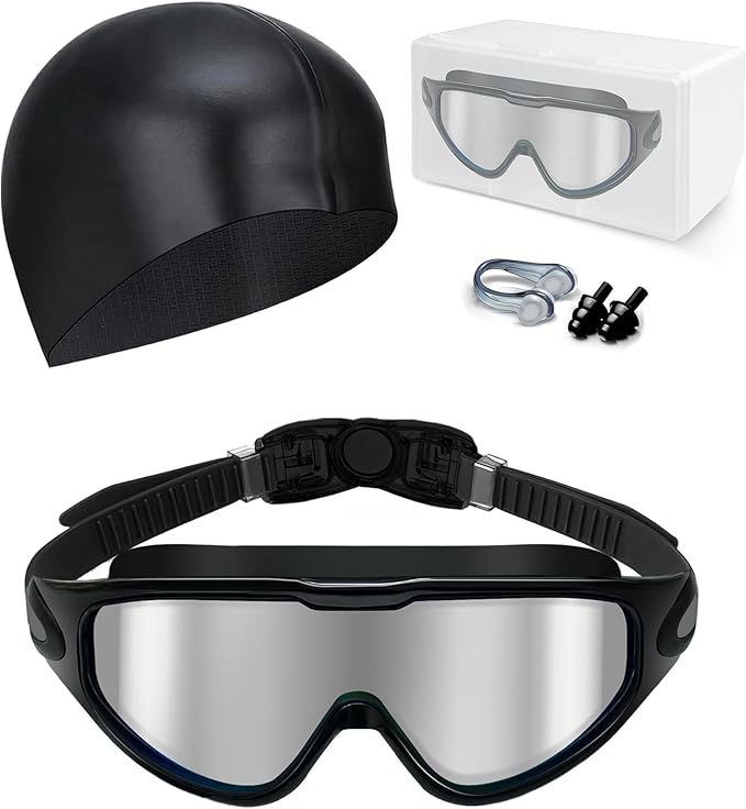 Hurdilen Swim Goggles, Anti Fog Anti UV, Wide View and No Leaking Swimming Goggles & Swim Cap for Men Women Adult Youth