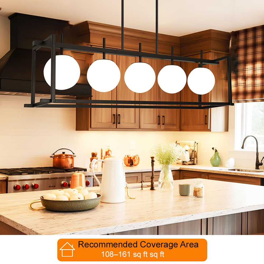 Dsmjfu Black Farmhouse Rectangular Chandelier For Dining Room  5-Light Linear Pendant Lighting  Rectangular Kitchen Island Light With Milky White Glass Ball Shades  Adjustable Height Hanging Lighting