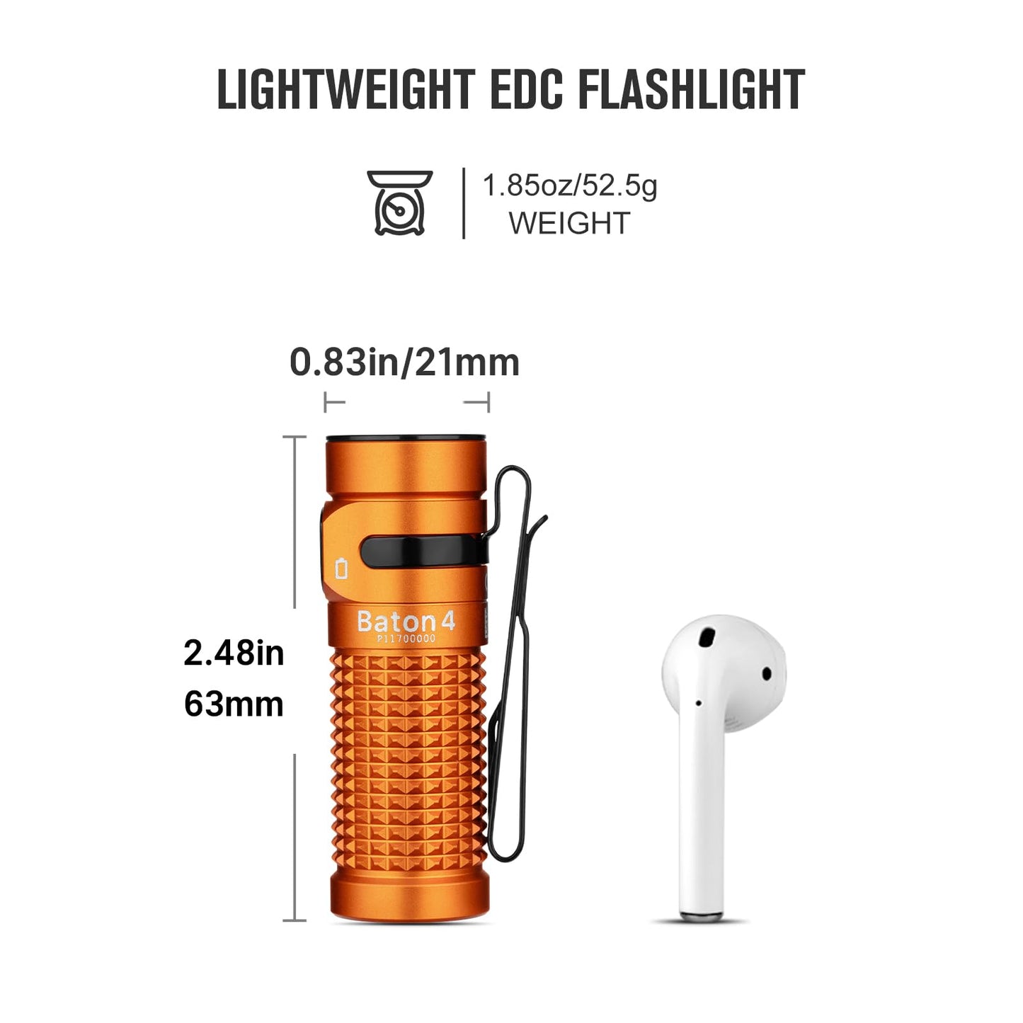 OLIGHT Baton4 Flashlight, 1300 Lumens, 6 Modes, IPX8 Waterproof, Rechargeable, Aluminum, Orange, Model BATON4-OG#300000
