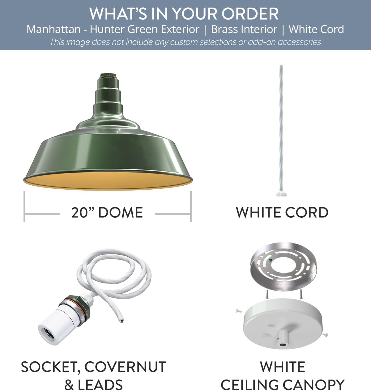 Steel Lighting Co. Manhattan Warehouse Light | Ceiling Mounted Pendant | 20 inch Dome | 4' White Cord | Large Steel Barn Light Made in America | Hunter Green Exterior/Brass Interior