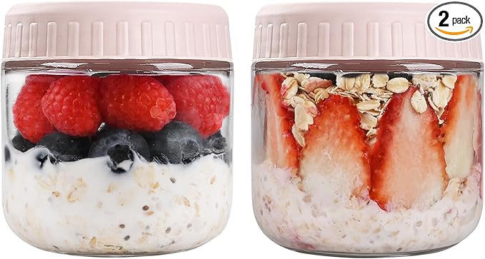 Overnight Oats Containers with Lids, 10oz Glass Jars with Lids 2 pcs, Pink, Wide Mouth Mason jars for Salad, Yogurt, Snacks, Meal Prep