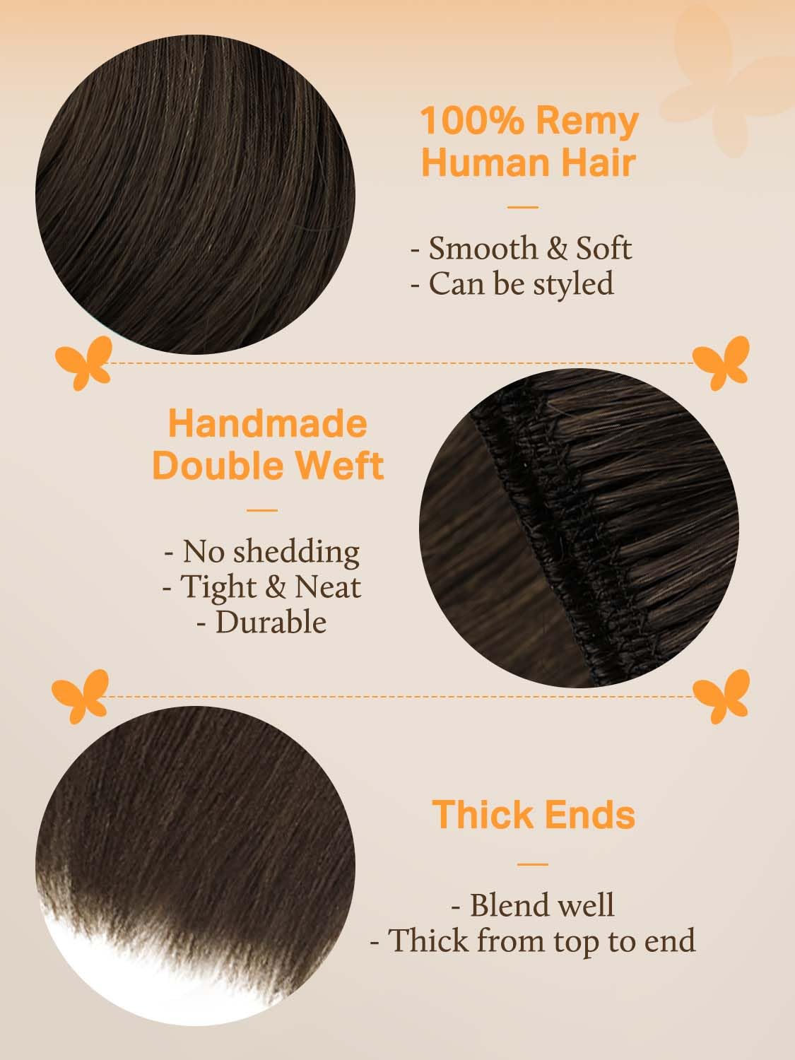 DOORES Sew in Hair Extensions, 18 Inch 100g Light Dark Brown, Human Hair Extensions Sew in Straight Hand Tied Weft for Women