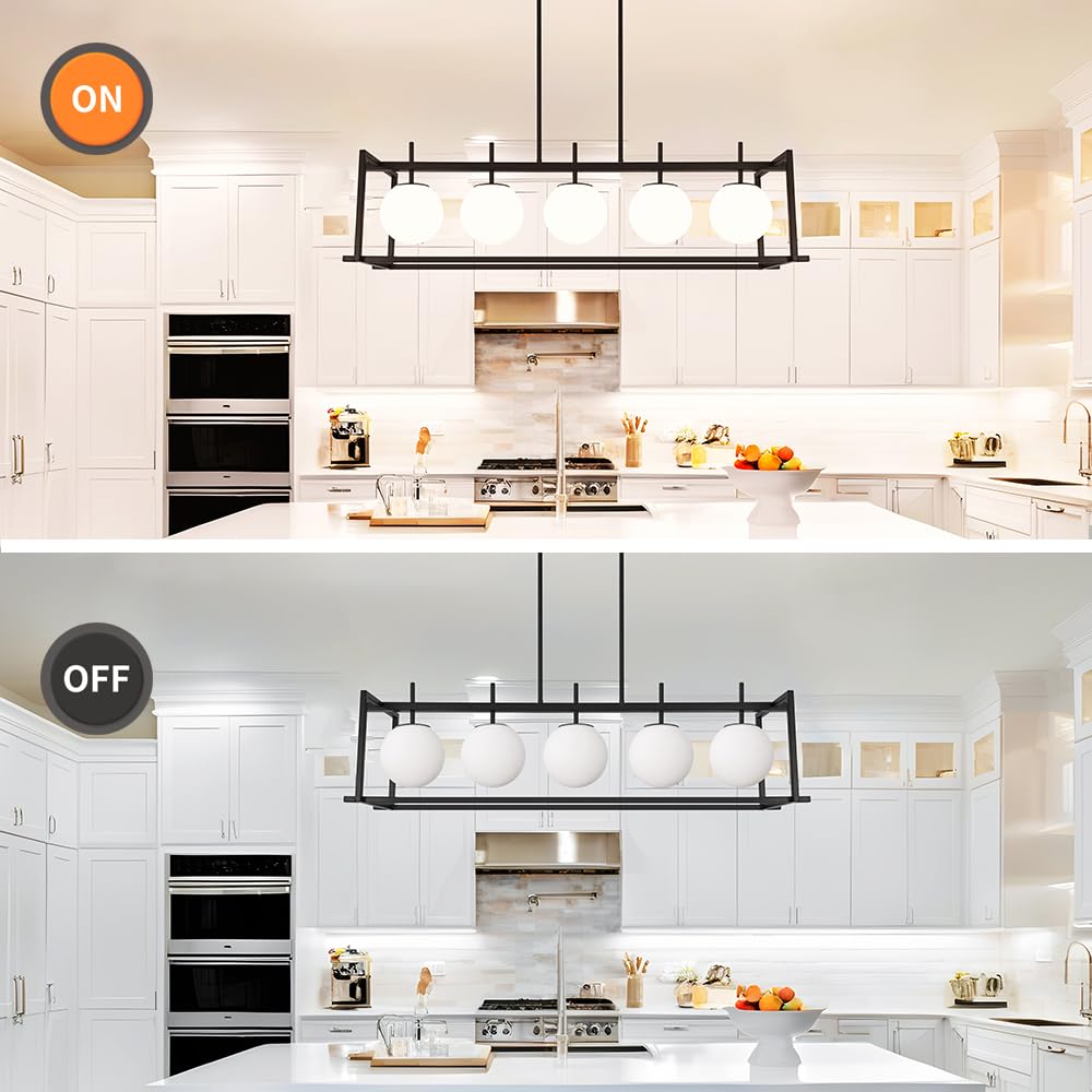 Dsmjfu Black Farmhouse Rectangular Chandelier For Dining Room  5-Light Linear Pendant Lighting  Rectangular Kitchen Island Light With Milky White Glass Ball Shades  Adjustable Height Hanging Lighting