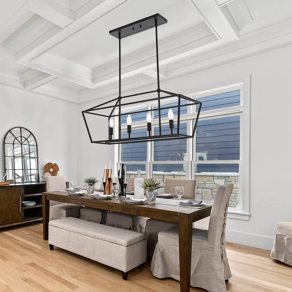 Winshen 4-Lights Rustic Chandelier For Dining Room  32-Inches Width Pendant Lighting For Kitchen Island In Black Finish
