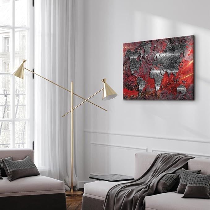 artgeist Canvas Wall Art World Map 35x24 in - 1pcs Home Decor Framed Stretched Picture Photo Painting Artwork Image - Abstract Continents Map World Map Red Silver k-A-0505-b-c