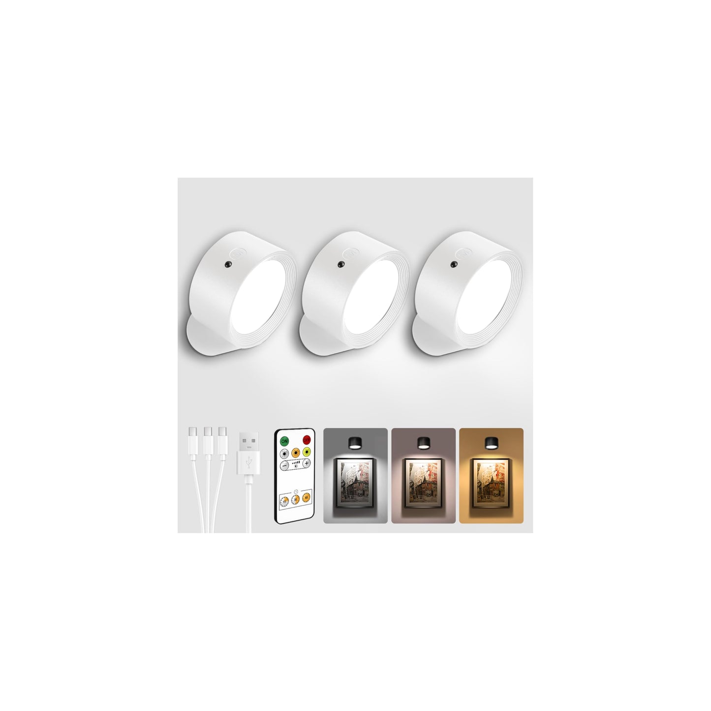 AMETHEUS LED Wall Mounted Lights, Rechargeable, 3 Color Temperatures, Dimmable, 3 Pack, White, Model WL02