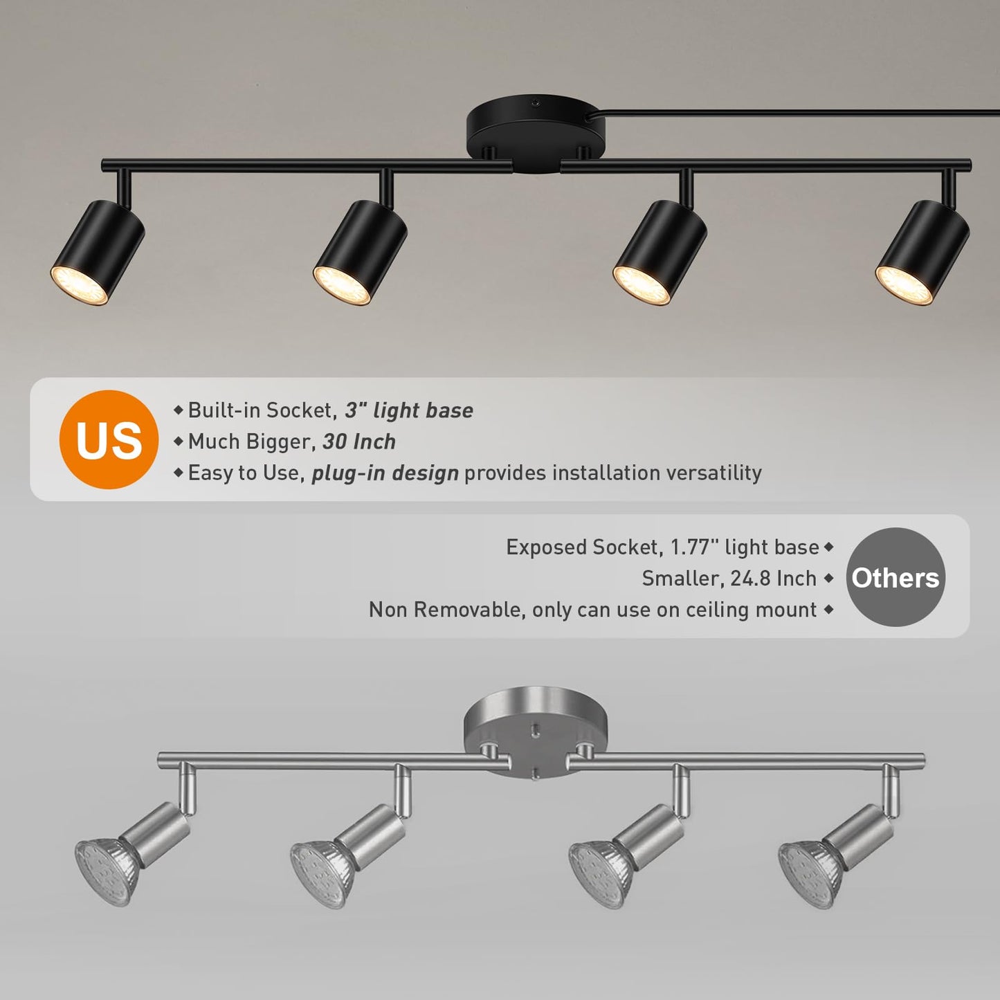 Plug In Track Lighting  Led Track Lighting Fixtures Ceiling  Black 4-Light Kitchen Light Kit  Plug In Wall Light With 14.8Ft Power Cord  Rotatable Ceiling Spotlight For Bedroom(Gu10 Socket  No Bulb)