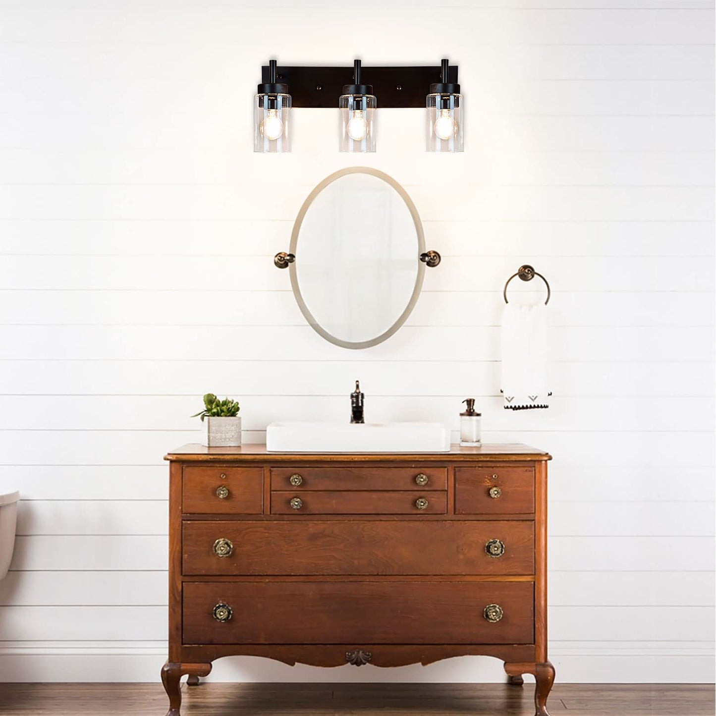 Dinglilighting Vintage 3-Light Wall Sconce, Black Metal Bathroom Vanity Light With Clear Glass Shades, Model Ws-Fnw2-60B