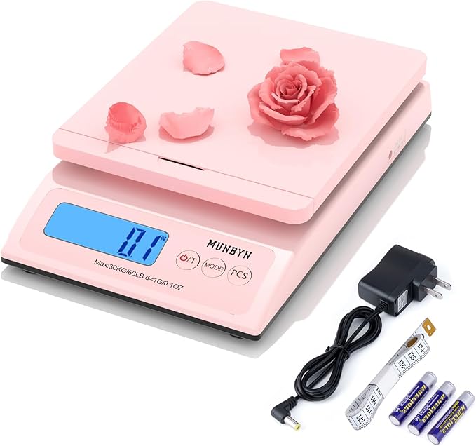 MUNBYN Shipping Scale, Accurate 66lb/0.1oz Postal Scale with Sweet Pink Style, Hold/Tear/PCS Function, Auto-Off, Battery &...