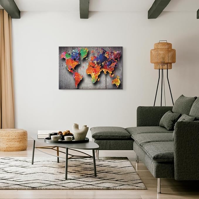 artgeist Canvas Wall Art World Map 24x16 in - 1pcs Home Decor Framed Stretched Picture Photo Painting Artwork Image - Map Worldmap Continents Grey Colorful k-A-0507-b-a