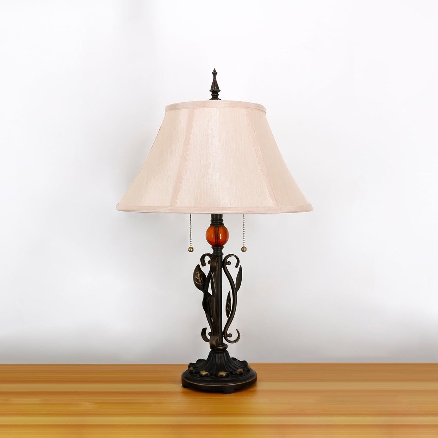 Table Lamp Mid-Century White Fabric Desk Reading Light with Antique Resin Metal Leaf Base 25 Inch Tall Decor for Living Room Office Bedroom