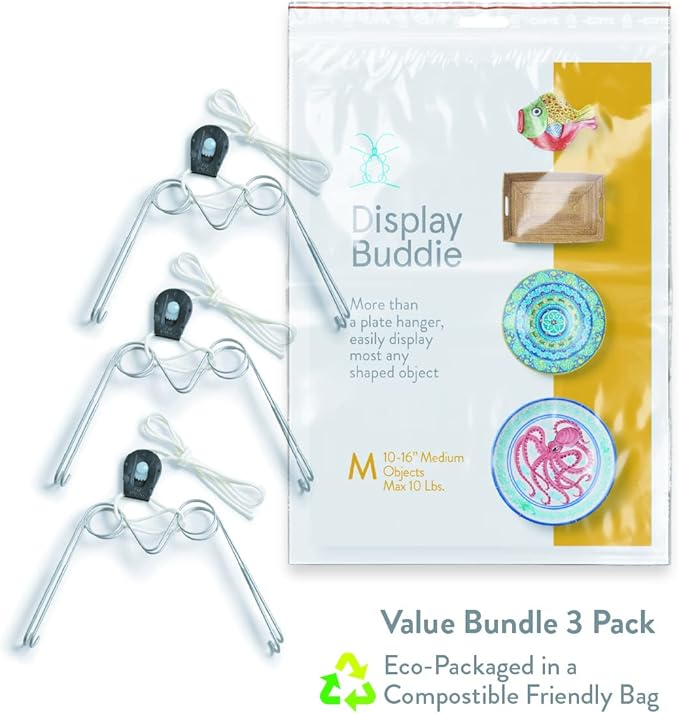 Display Buddie Adjustable Wall Plate Hanger - Oval Square Round Rectangle Wall Display - Steel - Silicone Hooks - Medium 3-Pak 10"-16" up to 8 lbs