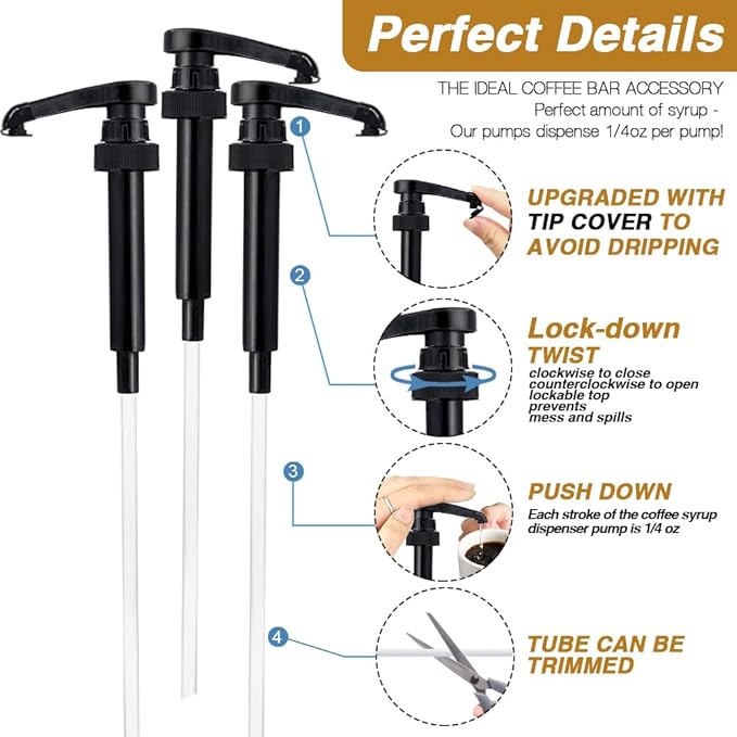 8 pcs Black Syrup Pumps with Cap to Avoid Dripping, Leak Proof Coffee Syrup Dispenser, Fits 25.4 Oz Coffee Flavoring Syrup Bottles, Great for Home & Coffee Bar Drinking Mixes, Cocktails, Beverage