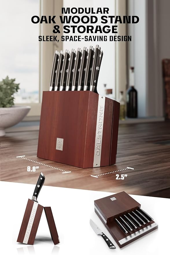 Dalstrong Steak Knife Set - 8 Piece - 5 inch Straight Edge Blade - Gladiator Series Elite - Forged High-Carbon German Steel Dinner Kitchen Knife - Black G10 Handle - Folding Block Set - NSF Certified