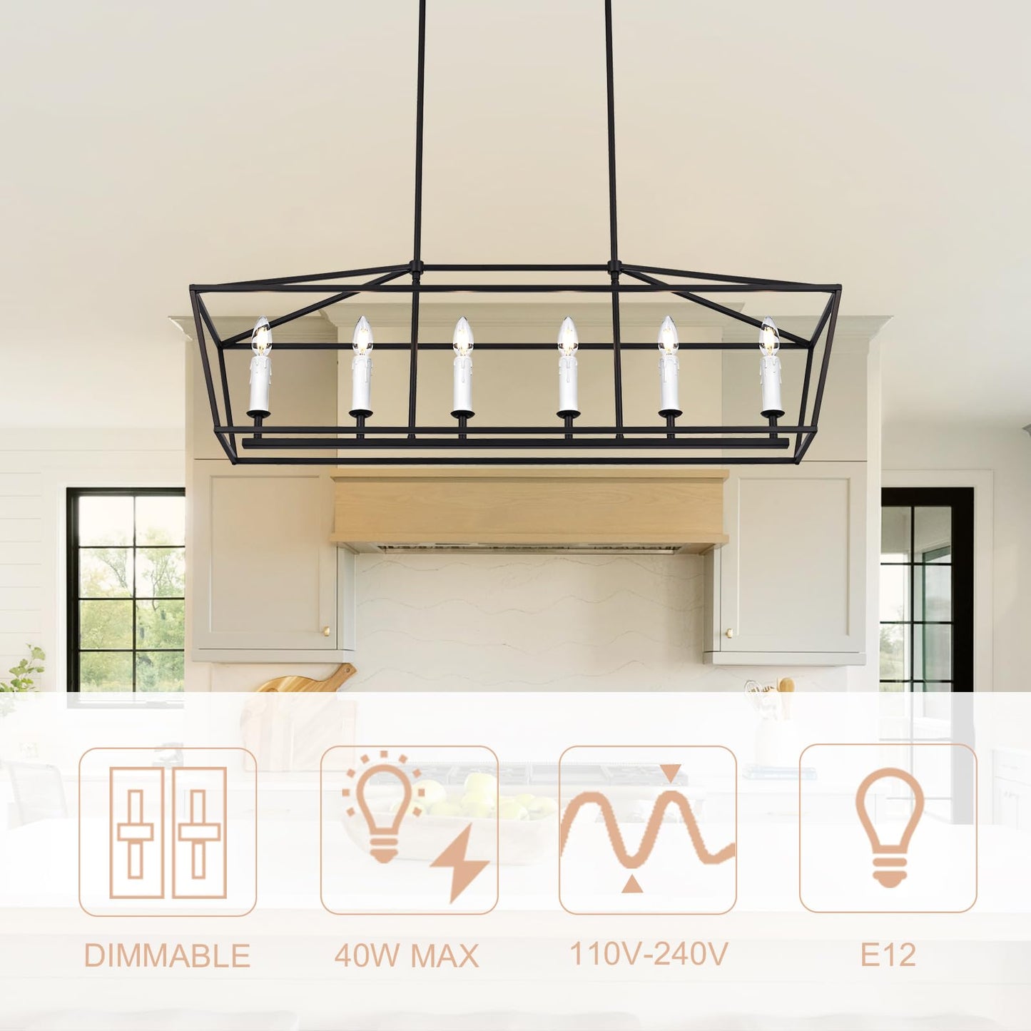 Winshen 6-Light Black Island Lighting  Industrial Pendant Light Fixtures Candle-Style For Kitchen Dining Room Living Room  E12 Bulb Base